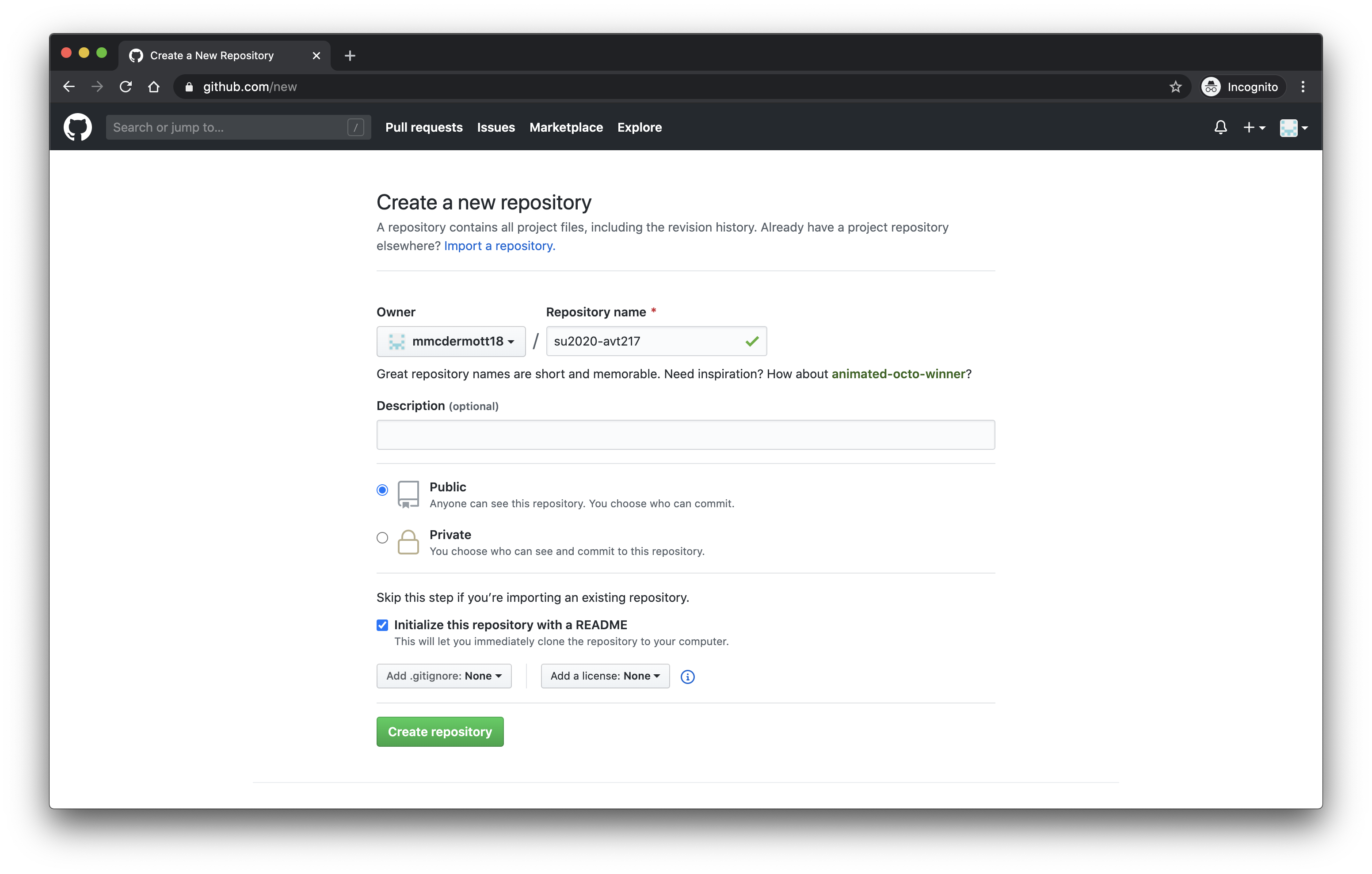 image of Github create a repository page