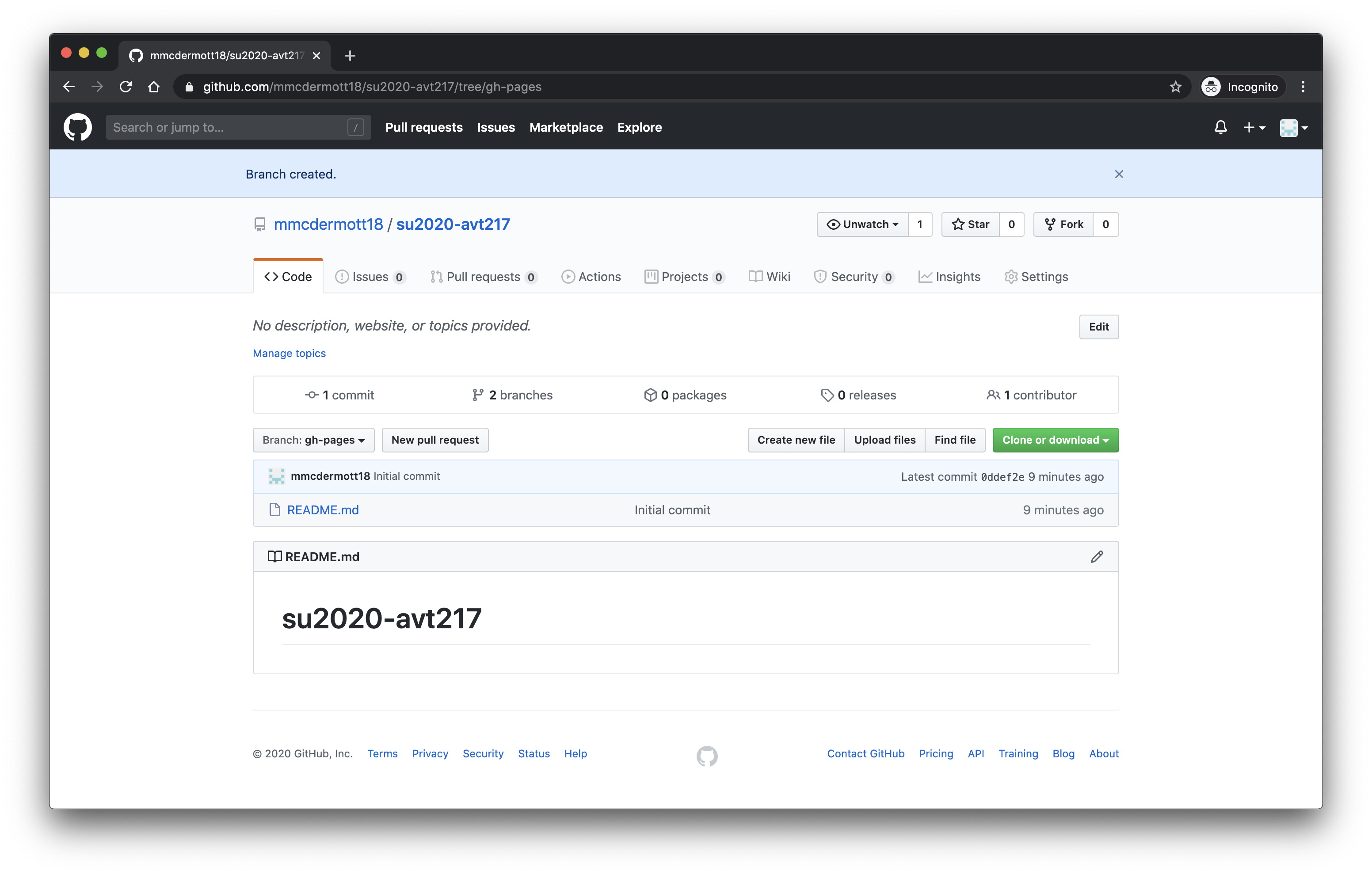 image of Github showing new branch