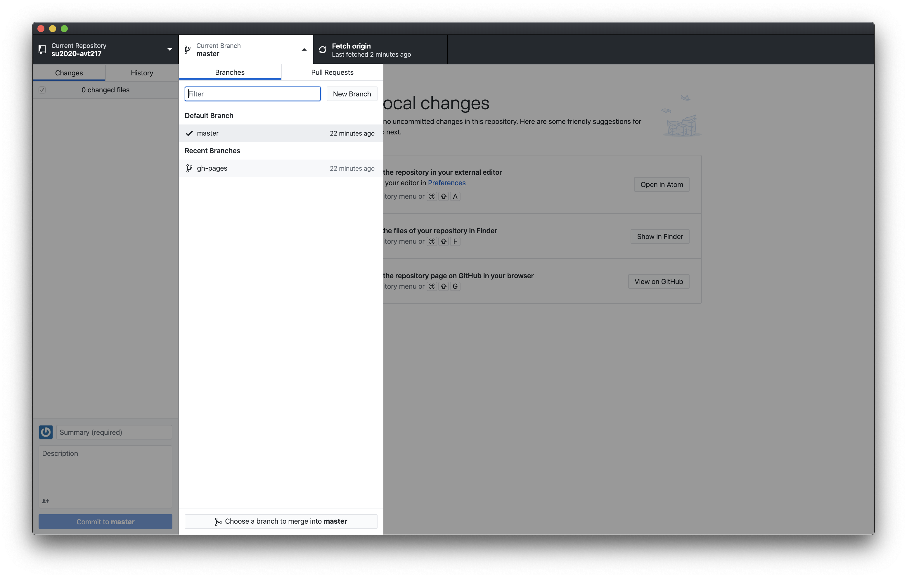 image of Github Desktop changing branches menu