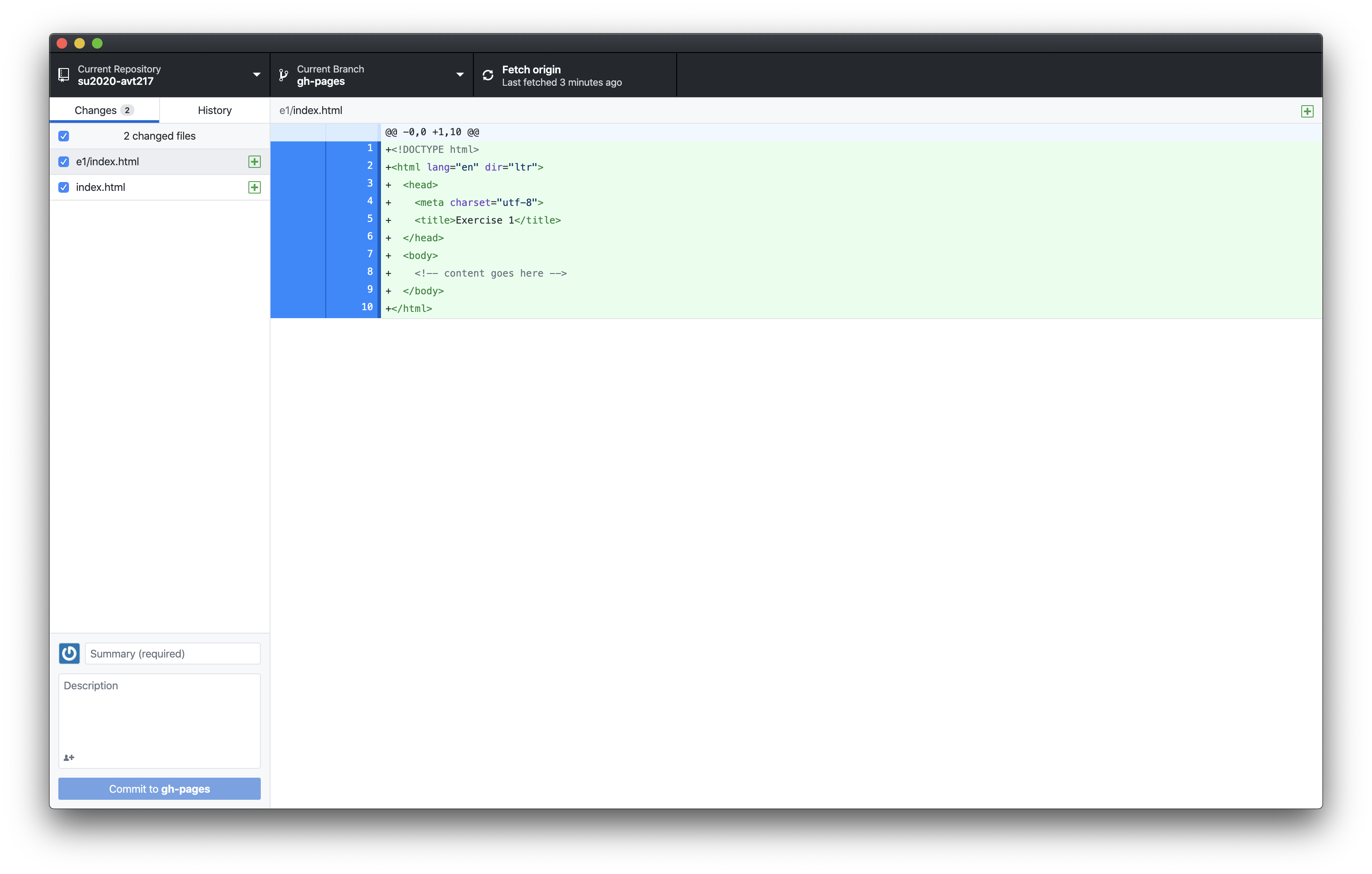 image of Github Desktop showing changes to repository