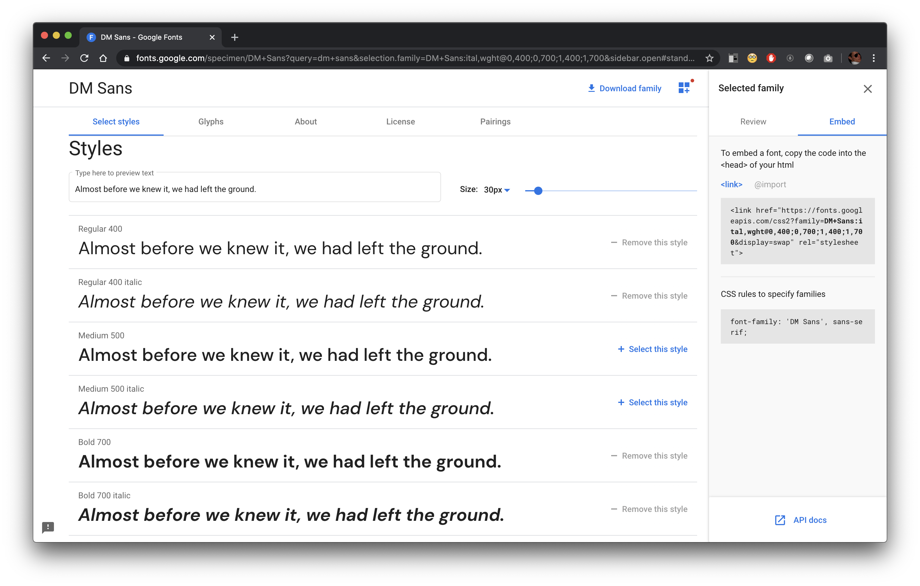 embed tab of selected family panel